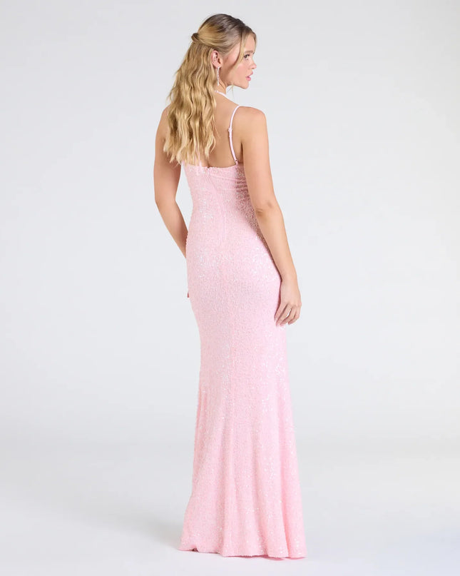 Kaitlyn Cowl Neck Slit Beaded Sequin Formal Dress