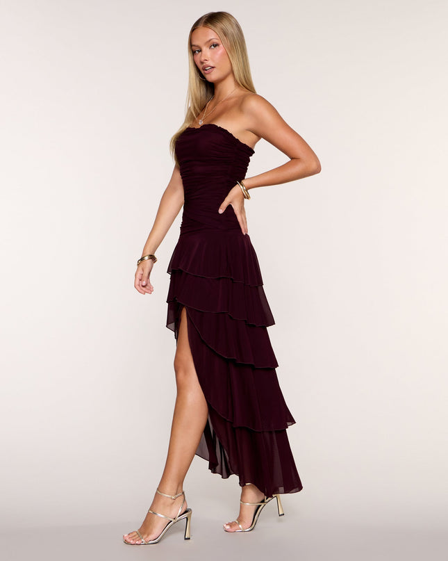 Ruffle Theory Ruched Strapless High Slit Maxi Dress