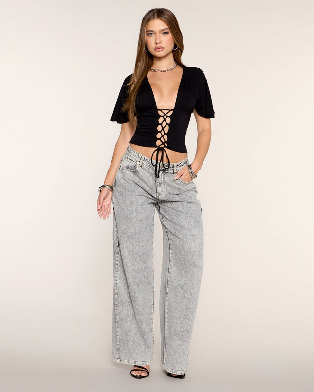 Front Focus Lace-Up Plunge Crop Top