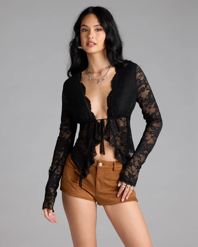 Delicate Flair Floral Lace Tie-Front Top