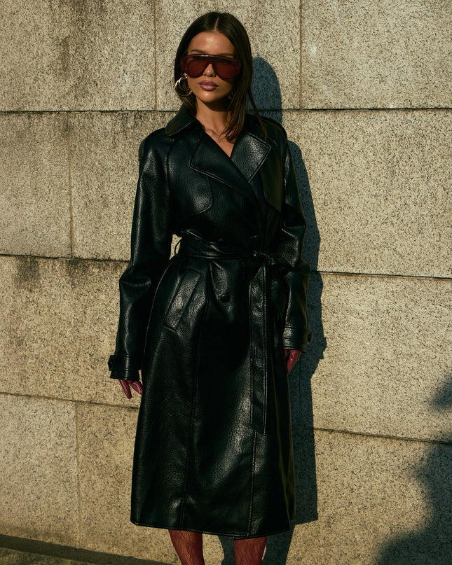 Chic Move Faux Leather Belted Trench Coat