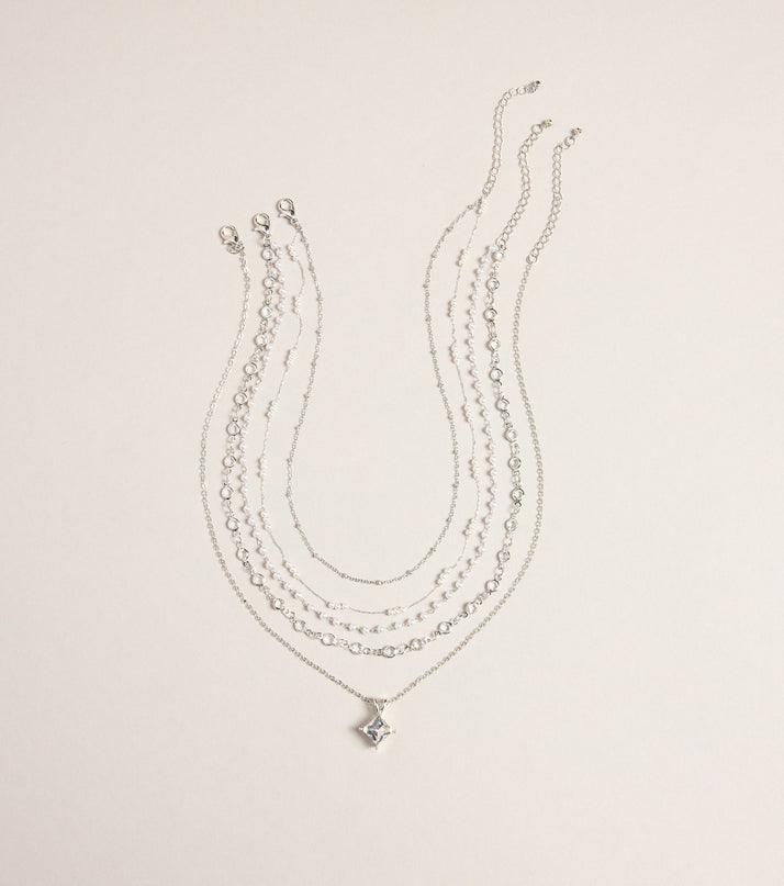 Polished Stack Pearl And Rhinestone Layered Necklace Set