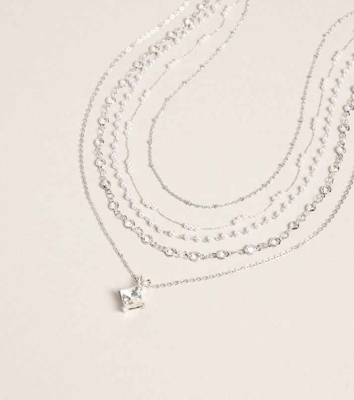 Polished Stack Pearl And Rhinestone Layered Necklace Set
