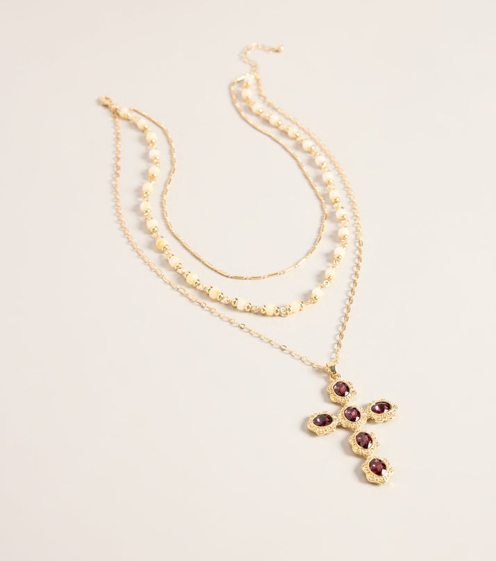 Divine Detail Layered Gemstone Cross Necklace