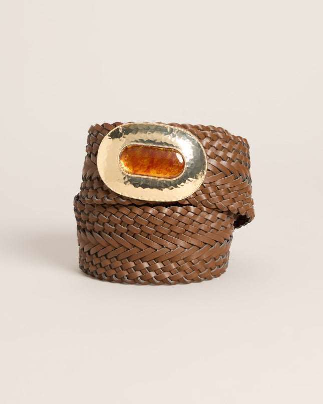 Retro Wrapped Woven Faux Leather Stone Buckle Belt