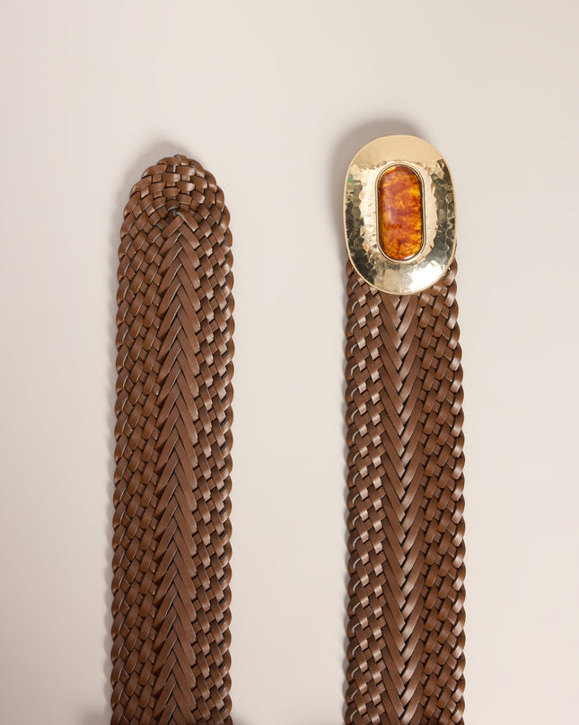 Retro Wrapped Woven Faux Leather Stone Buckle Belt